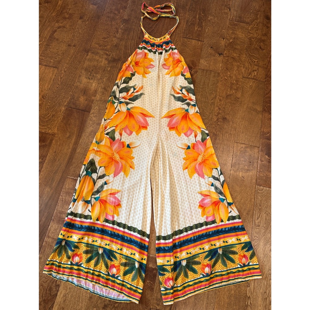 Farm Rio Tropical Floral Wide Leg Halter Jumpsuit Sz L Yellow Boho Anthropologie - Picture 5 of 16